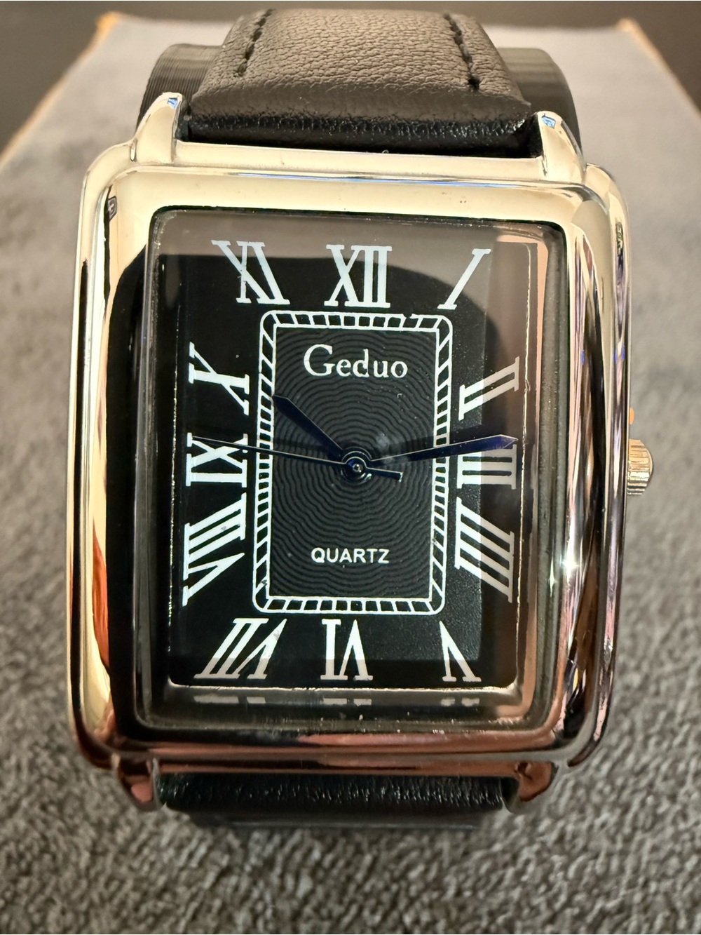 New Men’s Gudue Tank Square White Gold Black Dial Leather Strap Dress Watch